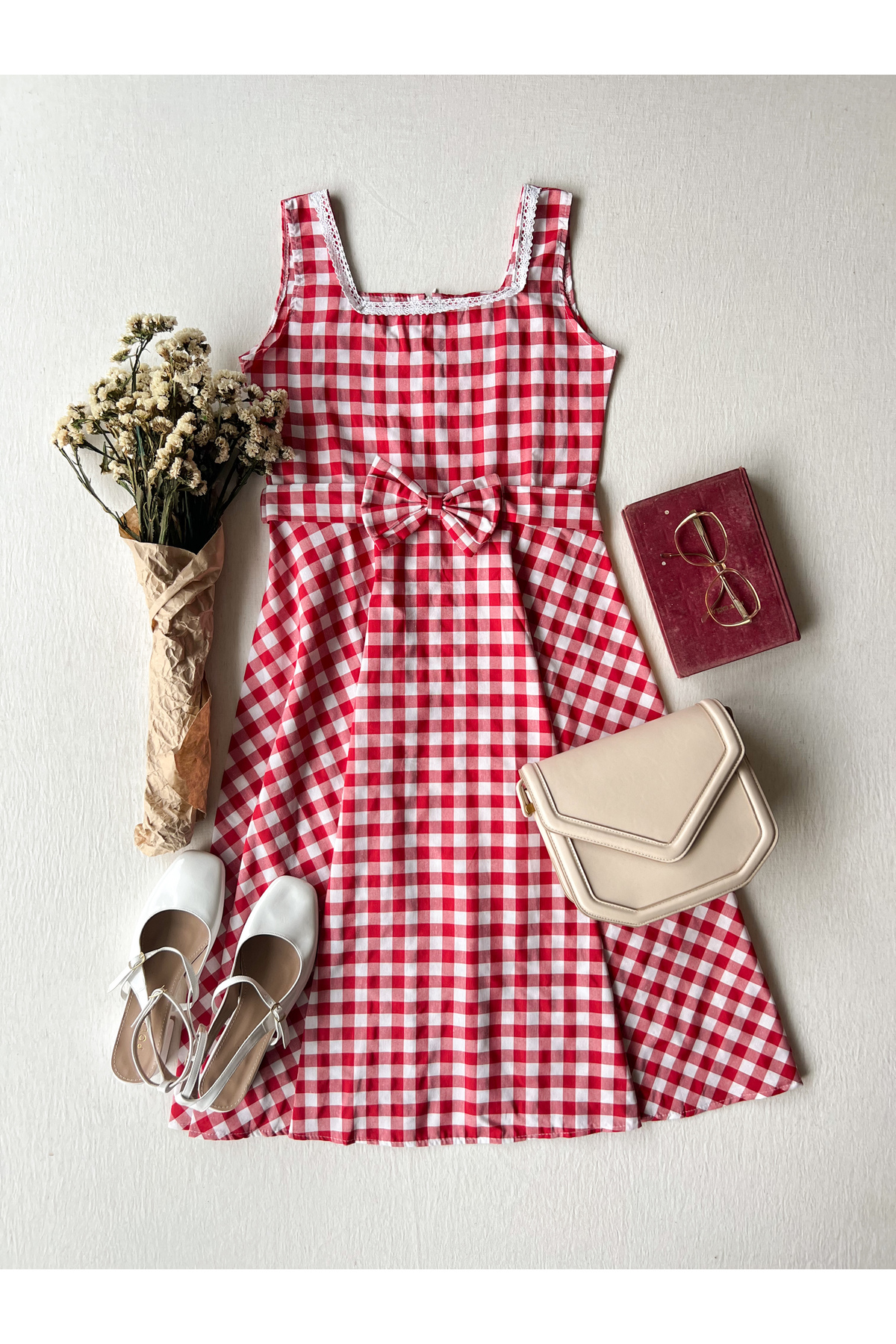 KÜÇÜĞÜM BUTİK  Kırmızı Pötikare Desen Kare Yaka Askılı Kloş Elbise - Görsel 6