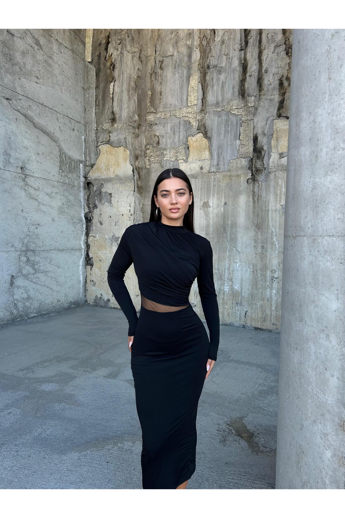NDN STORE-Rochie tip creion, lungă, cu mânecă lungă, cu decolteu decoltat, din tul din țesătură de nisip elastic 583154 3
