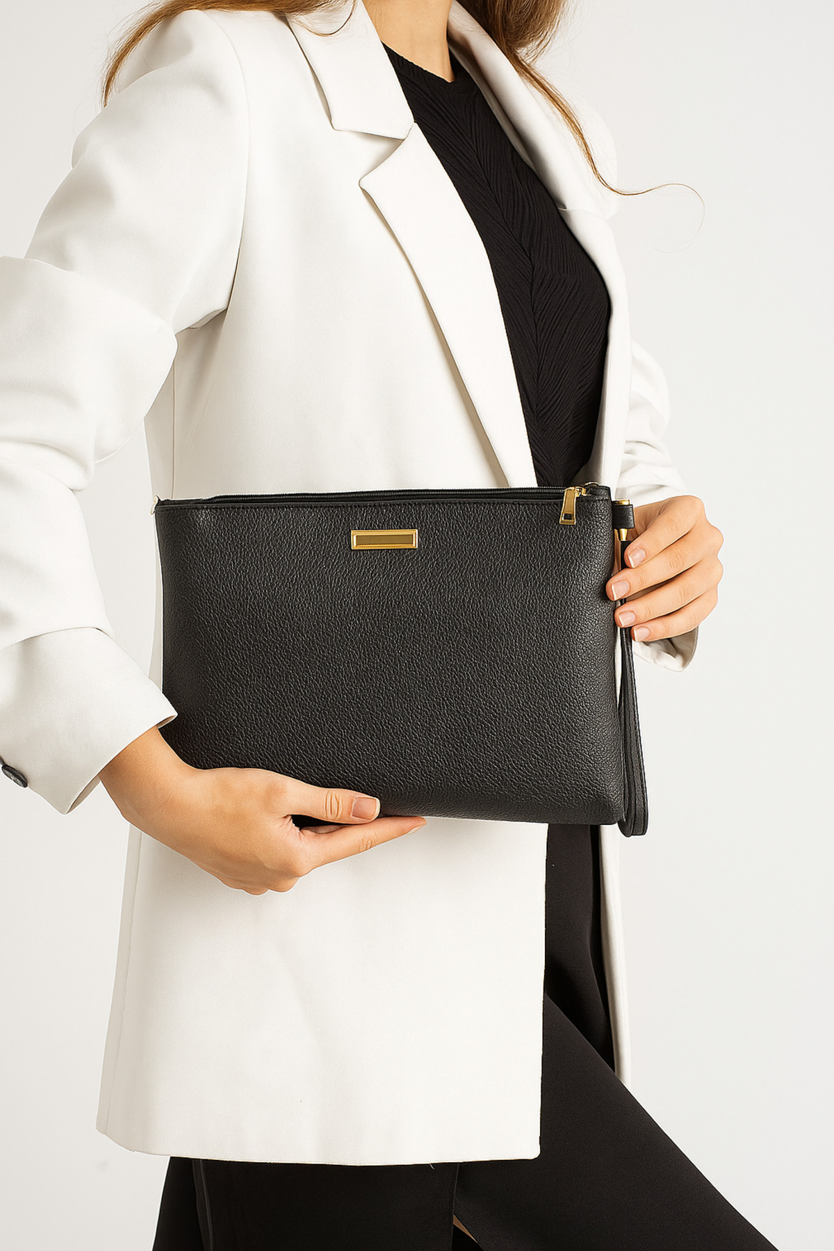 Bagfoni Siyah Metal Aksesuarlı El Askılı Portföy Clutch Çanta 25x19 Cm görsel 2
