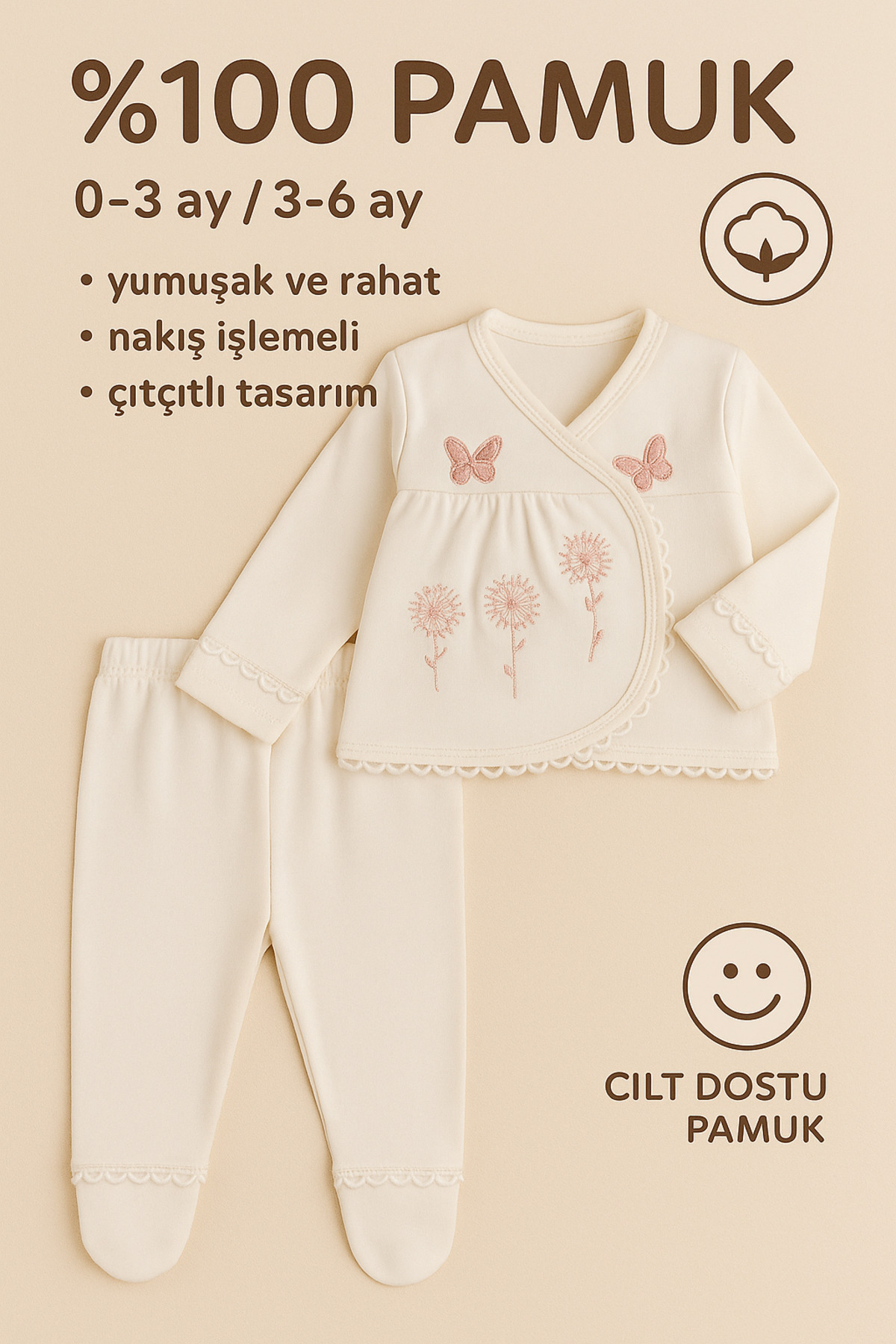 MYZİ STORE %100 Pamuk Yenidoğan Kız Bebek 5’li Hastane Çıkışı – İlk Ay Seti (0–3 Ay) fotoğrafı 4 (önizleme)