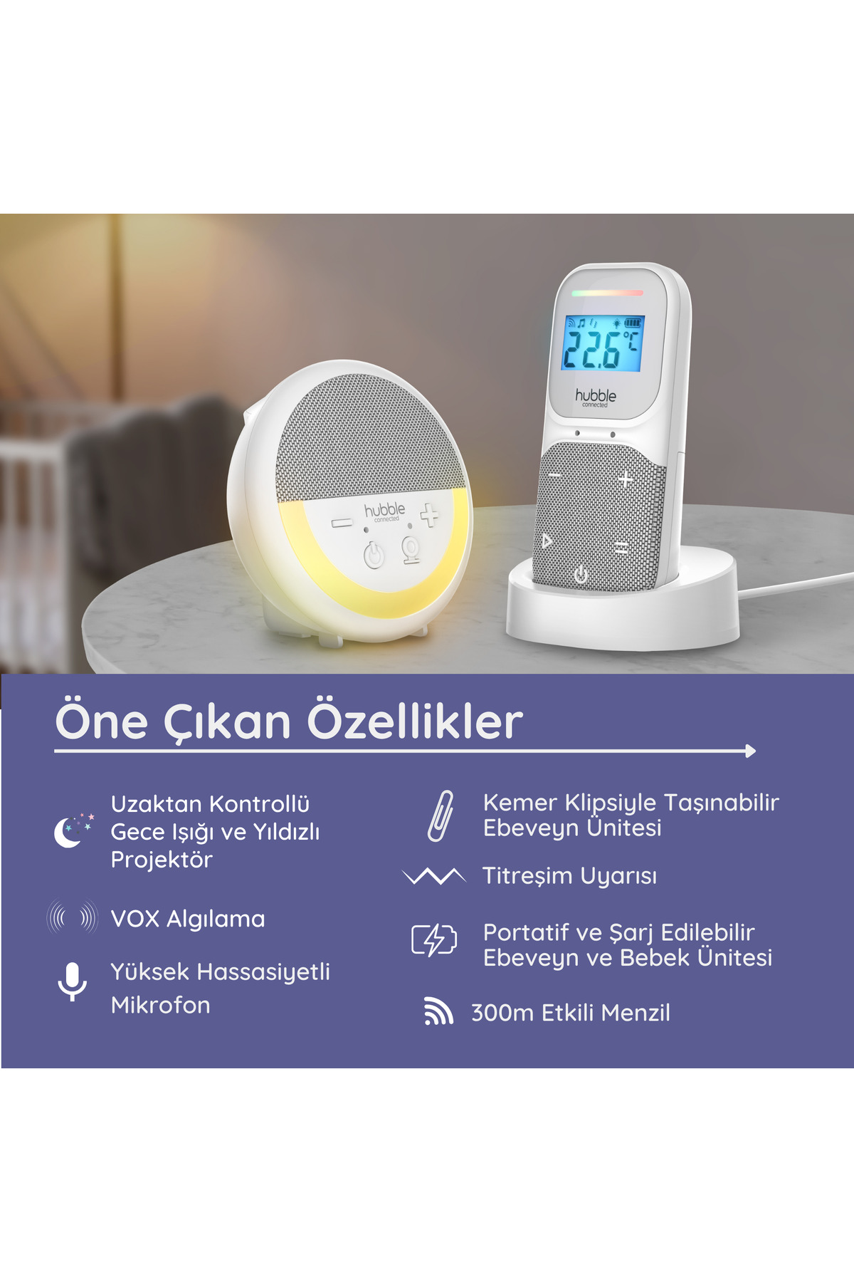 Hubble Sense Glow Pro 300m Menzilli Akıllı Bebek Telsizi - Yıldızlı Projektörlü ve Nem/Isı Sensörlü fotoğrafı 6 (önizleme)