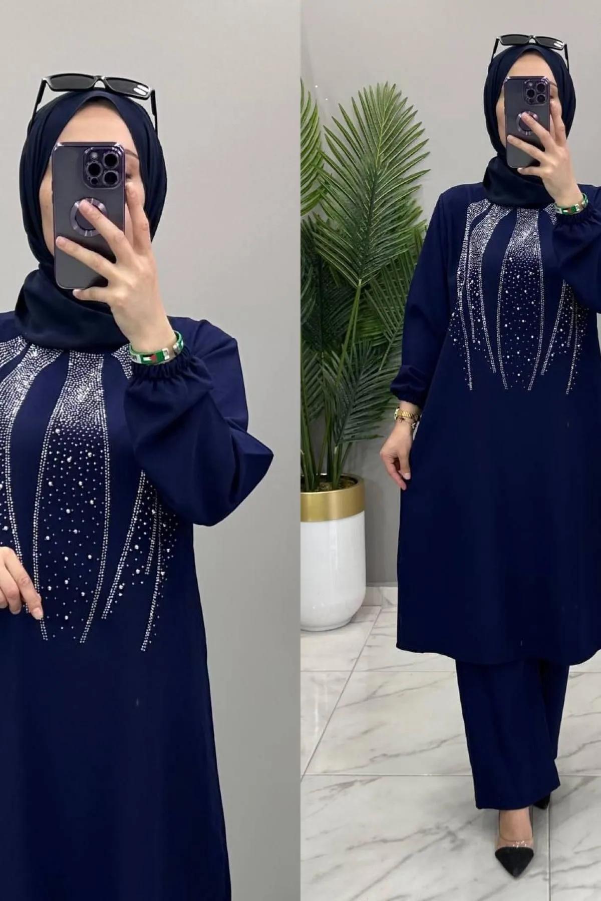 Mercan-Stone Shenay Suit Stone Detailed Tunic Pants Crepe Fabric Double Suit Hijab Navy Blue 1