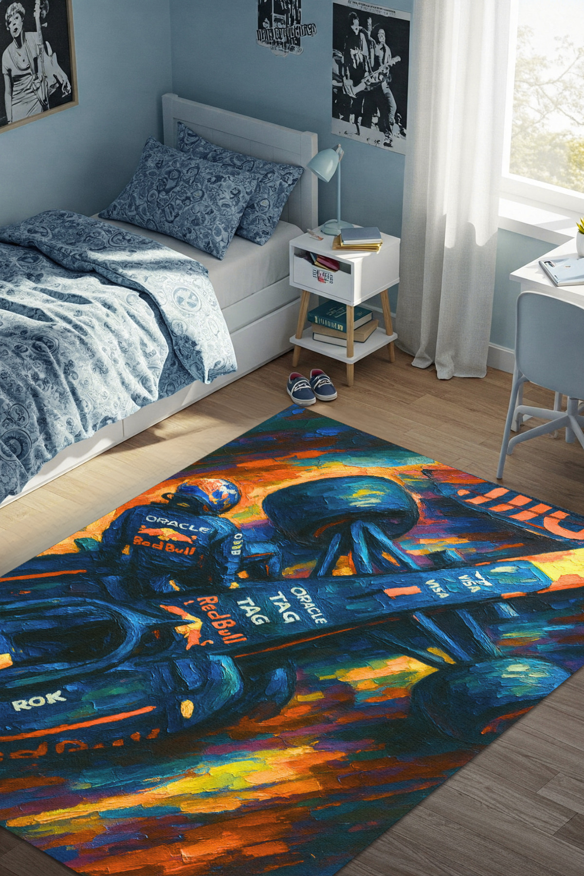 The Reef Design Renkli Formula 1 Temalı Halı Dijital Baskılı Dokuma Kaymaz Tabanlı Yıkanabilir F1 Genç Odası Halısı