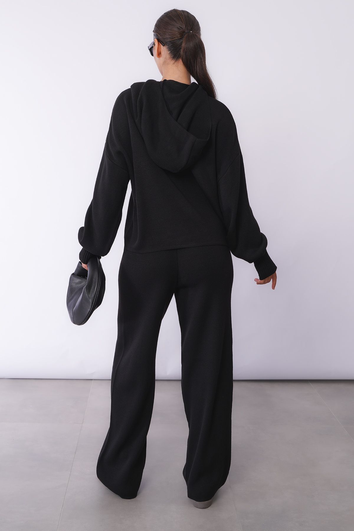 Madmext-Black Hooded Knitwear Women's Tracksuit Set Mg2237 7