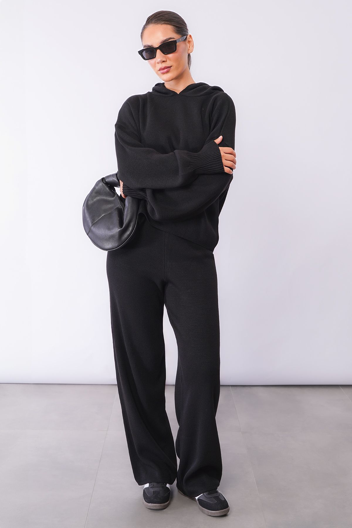 Madmext-Black Hooded Knitwear Women's Tracksuit Set Mg2237 6