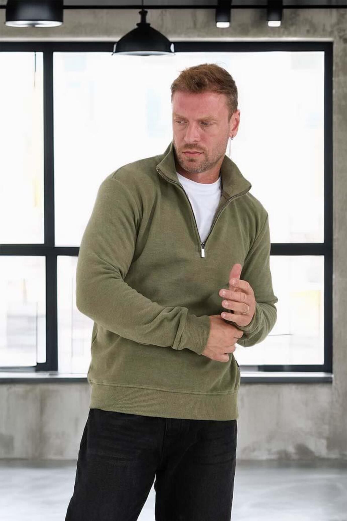 Valiberta-Thessaloniki Knitted Fabric Half Zipper Men's Sweatshirt - Khaki 7