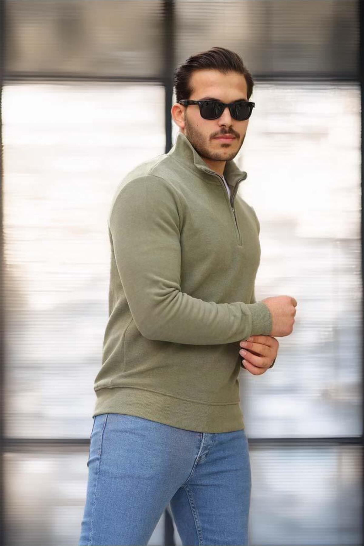 Valiberta-Thessaloniki Knitted Fabric Half Zipper Men's Sweatshirt - Khaki 4