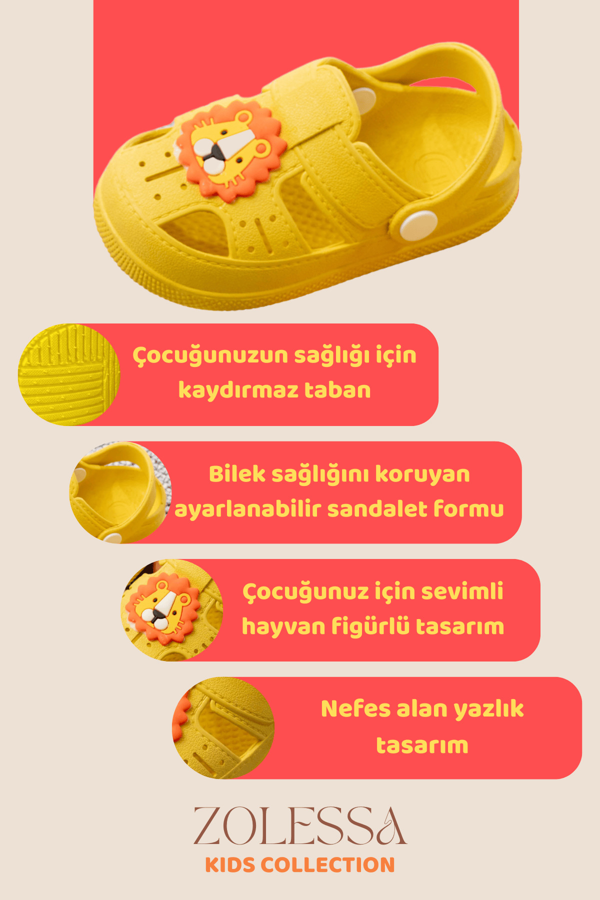 ZOLESSA Sarı Çocuk Ortopedik Kaydırmaz Tabanlı Hayvan Figürlü Günlük Kız Erkek Çocuk Kreş Sandalet Terlik fotoğrafı 4 (önizleme)