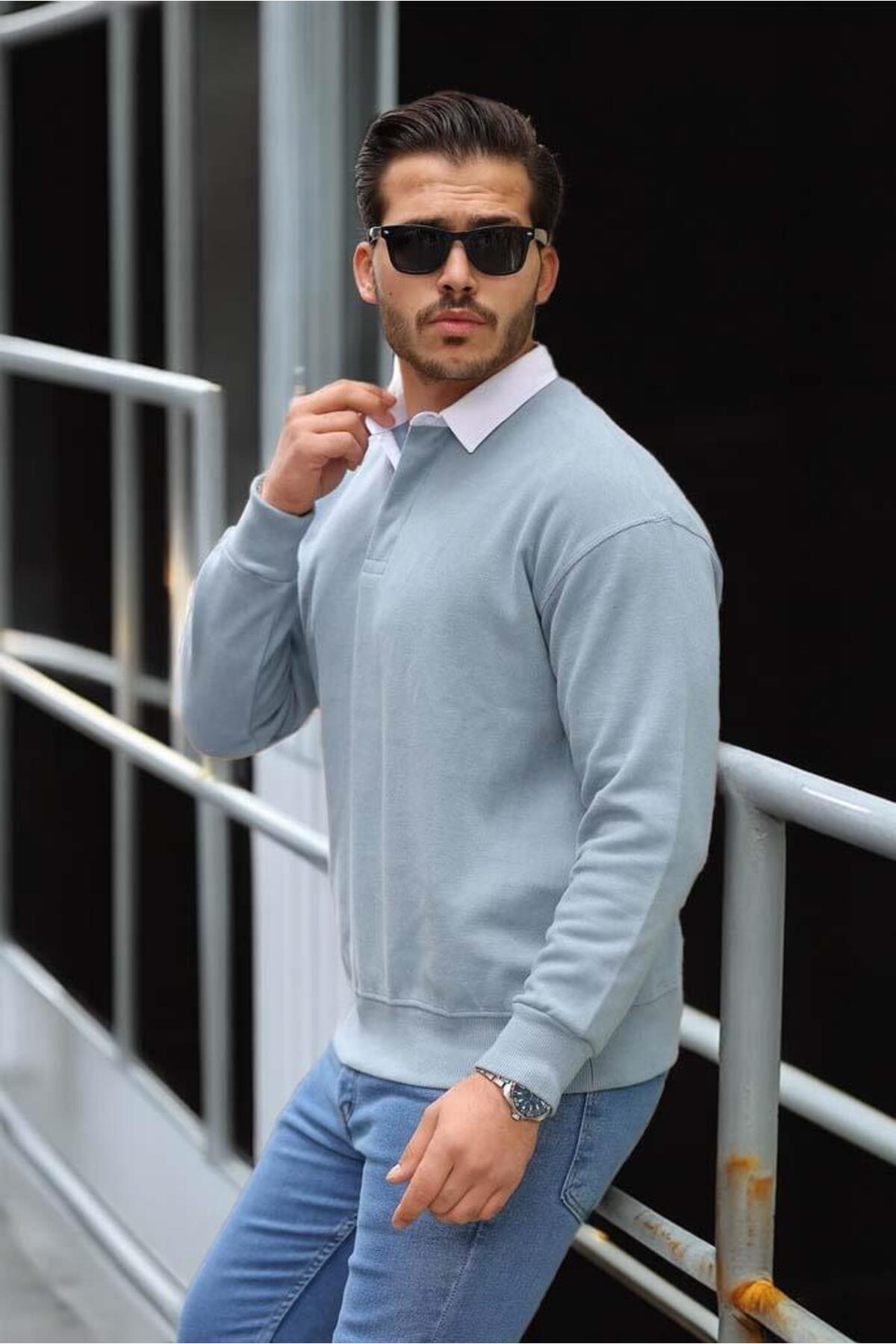 Valiberta  Luis Polo Yaka Selanik Örme Kumaş Erkek Sweatshirt - Soğuk Mavi - Görsel 4