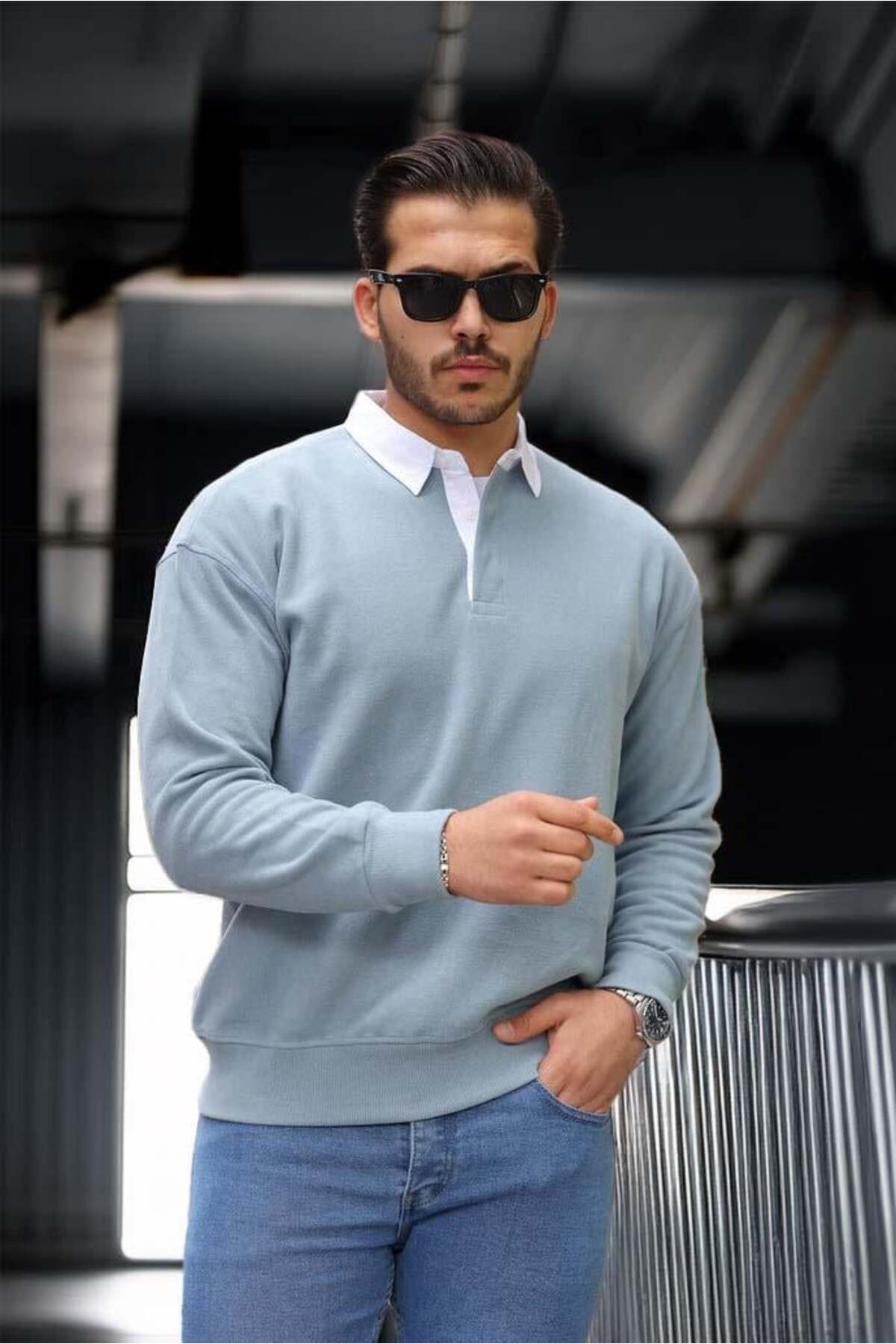 Valiberta  Luis Polo Yaka Selanik Örme Kumaş Erkek Sweatshirt - Soğuk Mavi - Görsel 6