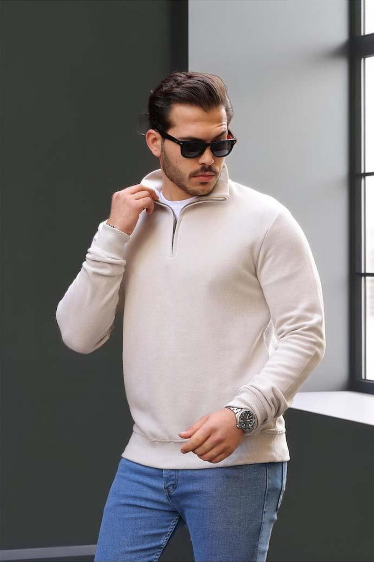 Valiberta-Men's Sweatshirt - Thessaloniki Knitted Fabric, Half Zipper, Stone Color 4