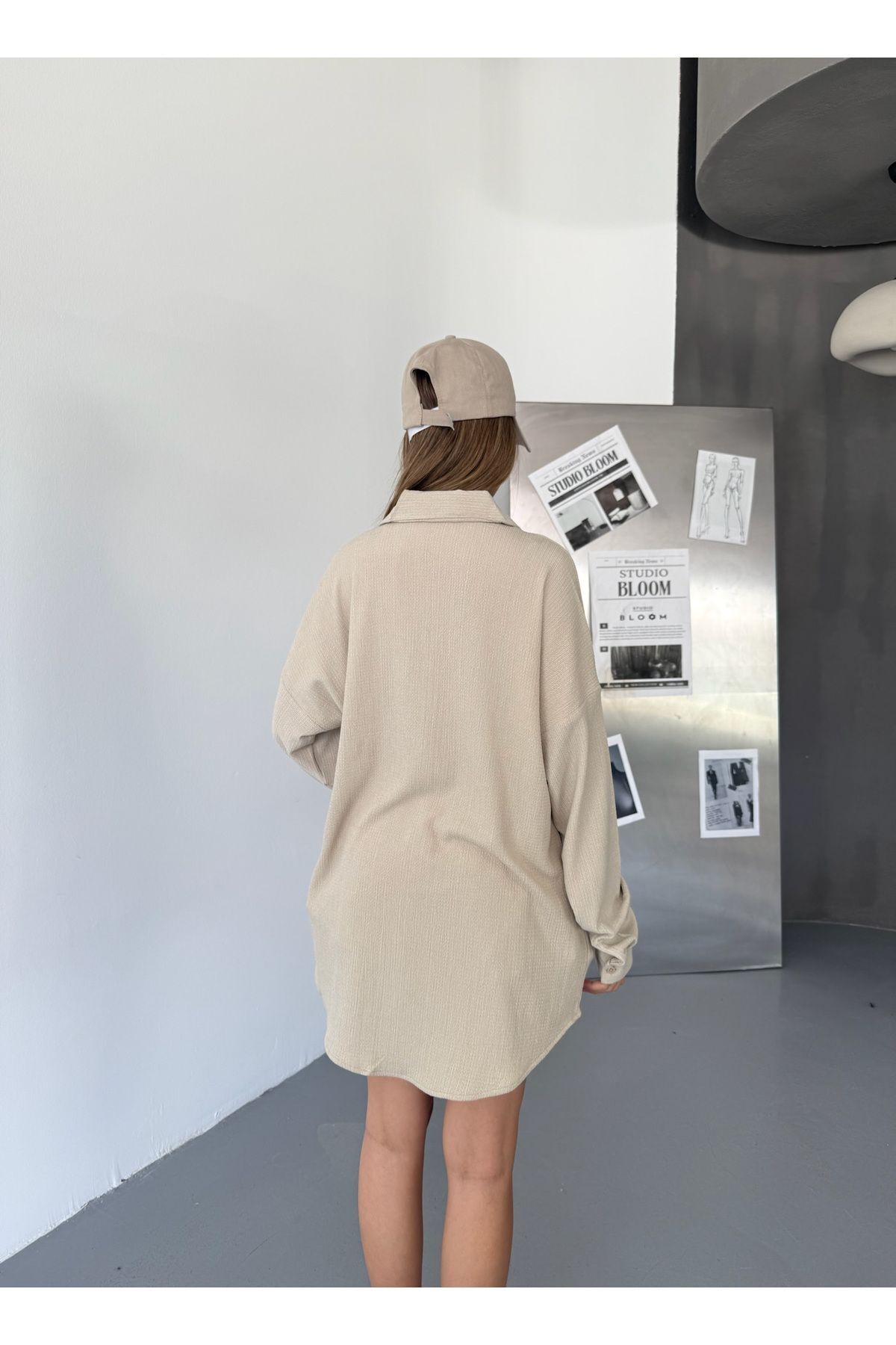 COMBİNE MİCHAİL  Kadın Oversize Ayrobin Krem Bol Keten Gömlek - Görsel 4