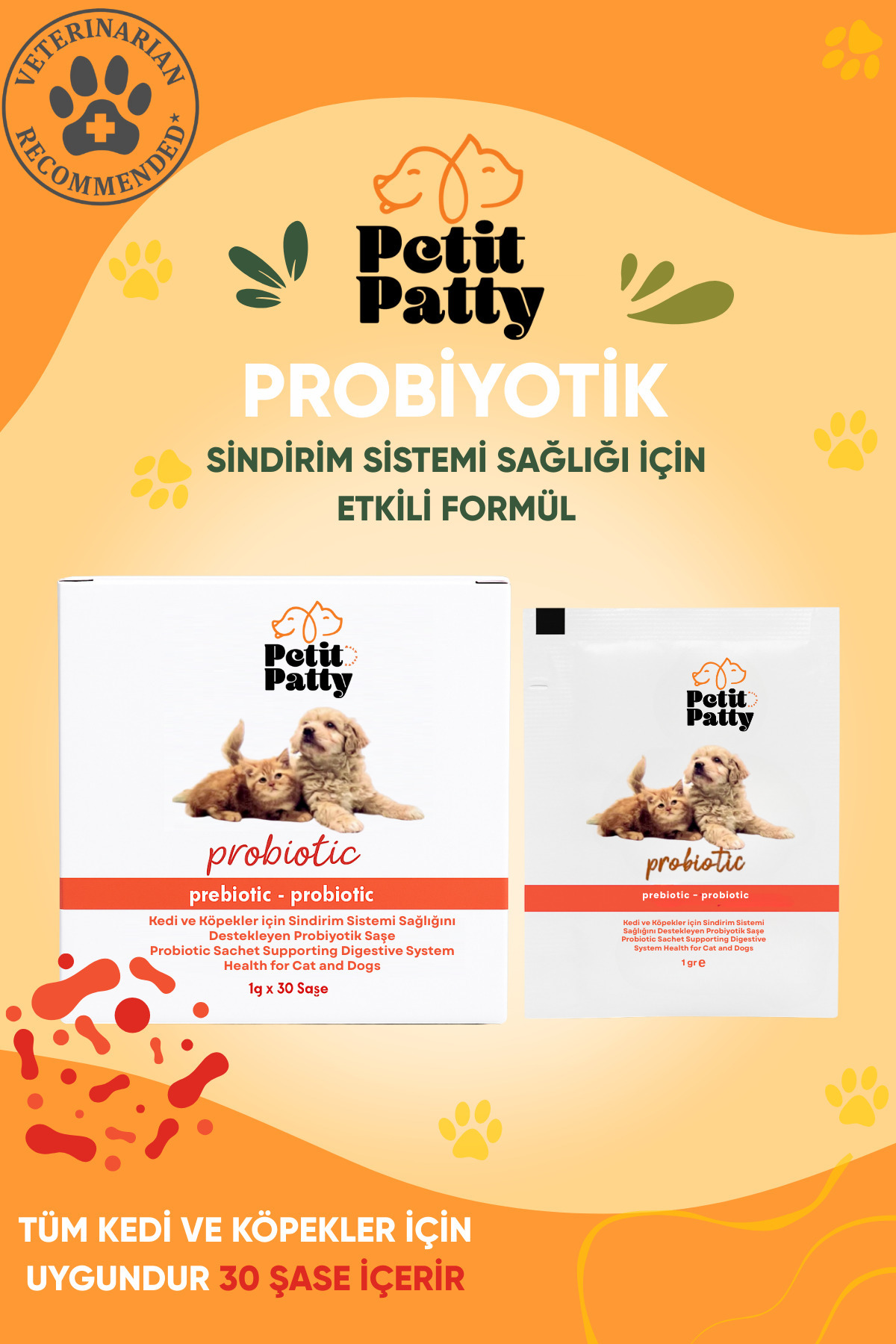 Petit Patty Kedi ve Köpekler için Sindirim Sağlını Destekleyen Probiyotik Saşe 30x1g