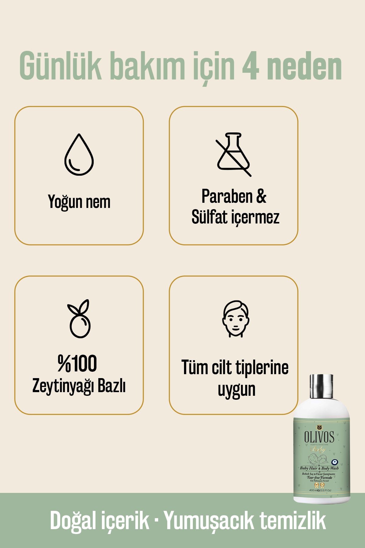 Olivos %100 Doğal Organik Zeytinyağlı Bebek Şampuanı, Saç ve Vücut için, Nemlendirici Etkili, 400 ml fotoğrafı 2 (önizleme)