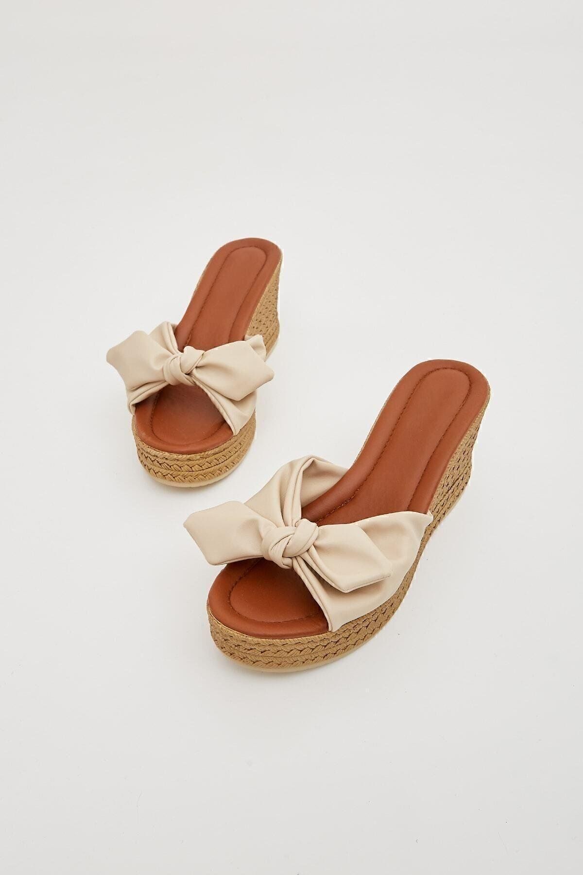 Moda Devrin-Papuci de damă cu toc pană cu fundă bej Papuci cu toc 7