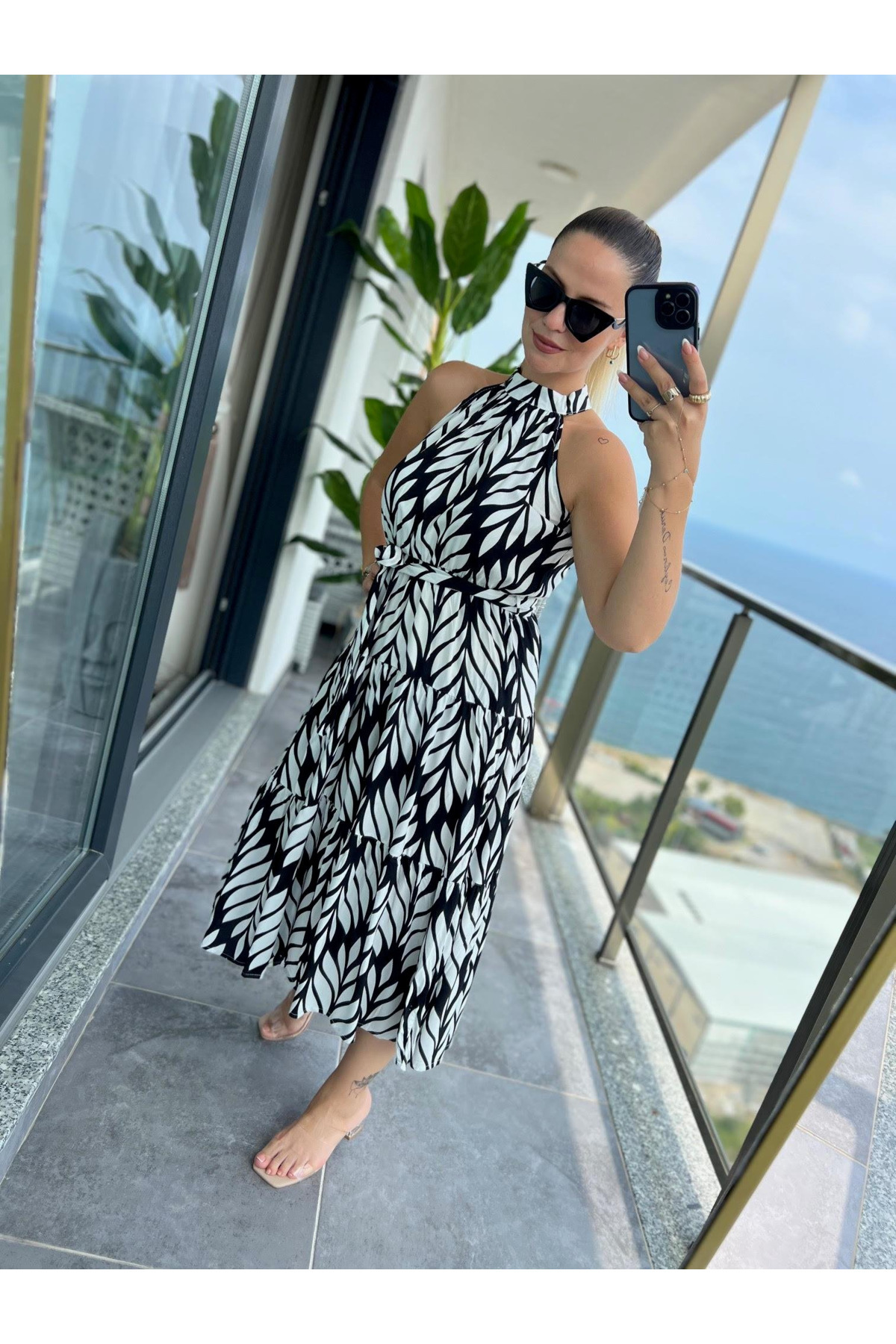 DISHI FASHİON  Halter Yaka Yaprak Desenli Elbise - Görsel 4