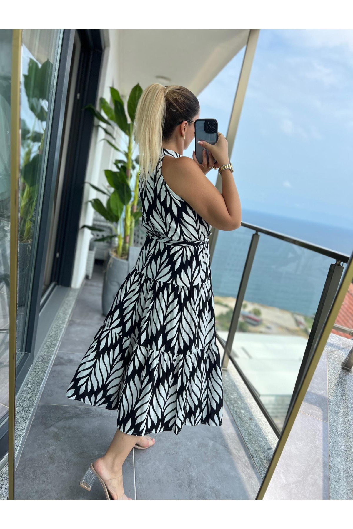 DISHI FASHİON  Halter Yaka Yaprak Desenli Elbise - Görsel 3