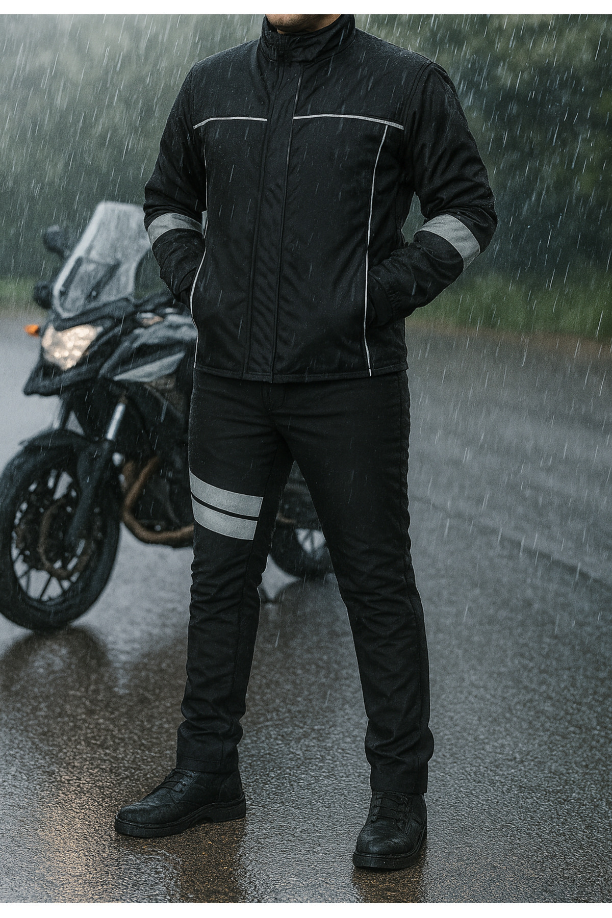 DRC Outdoor Motorcu Kışlık Rüzgar Geçirmez Reflektörlü Elyaflı Mont Pantolon Takım