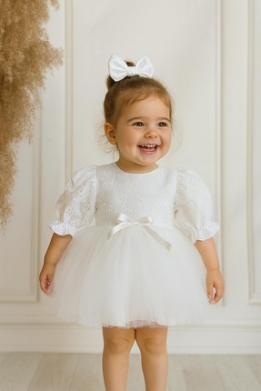 Hobidik HOBİDİK Kız Bebek Çocuk Beyaz Fisto Kabarık Elbise