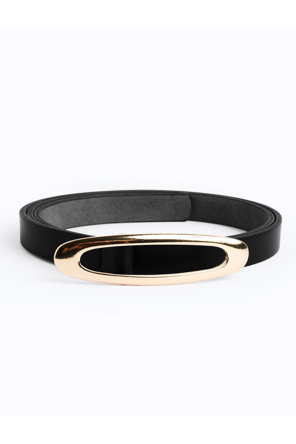 Jimmy Key-Black Shiny Oval Buckle Detailed Belt 2