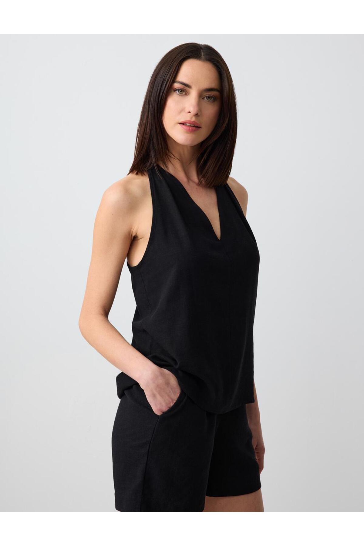 Jimmy Key-Black Relaxed Cut High Waist Loose Wide Leg Linen Shorts 3