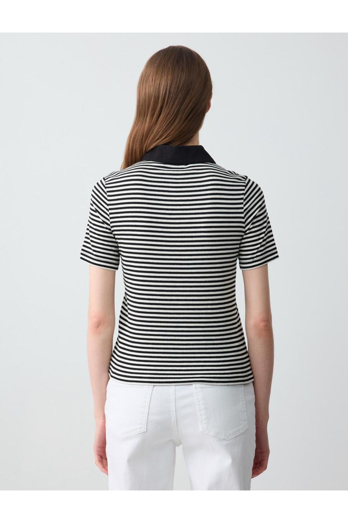 Jimmy Key-Black Polo Neck Short Sleeve Stripe Patterned Knitted Blouse 5