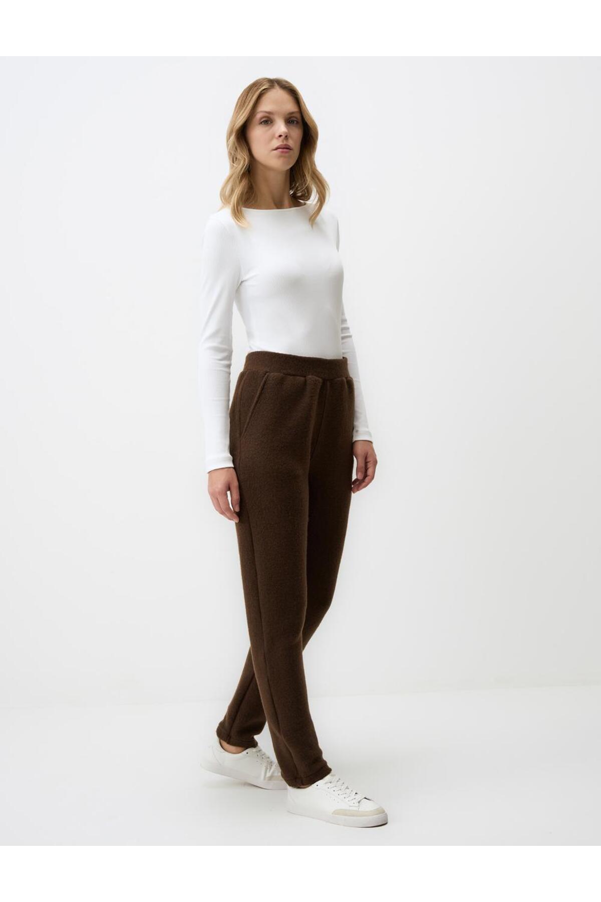 Jimmy Key-Σκούρο καφέ Slim Εφαρμογή Ψηλόμεσο Skinny Leg Fleece Πλεκτό Παντελόνι 3