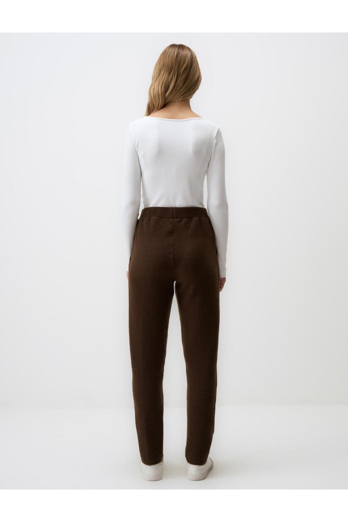 Jimmy Key-Σκούρο καφέ Slim Εφαρμογή Ψηλόμεσο Skinny Leg Fleece Πλεκτό Παντελόνι 6
