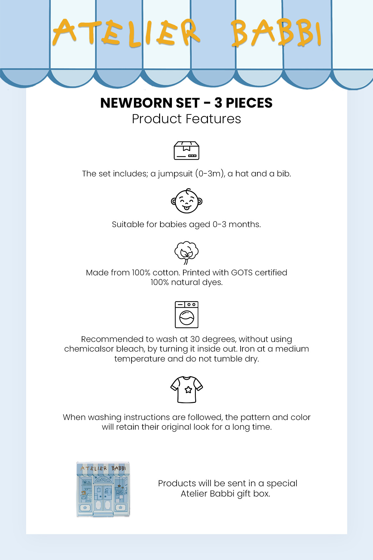 Atelier Babbi %100 Pamuk 3'Lü Yenidoğan Seti - İkat / Mavi fotoğrafı 4 (önizleme)
