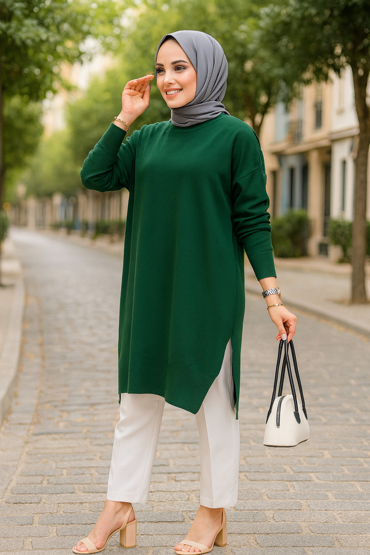 Neva Style Zümrüt Yeşili Tesettür Triko Kazak Tunik 17203zy