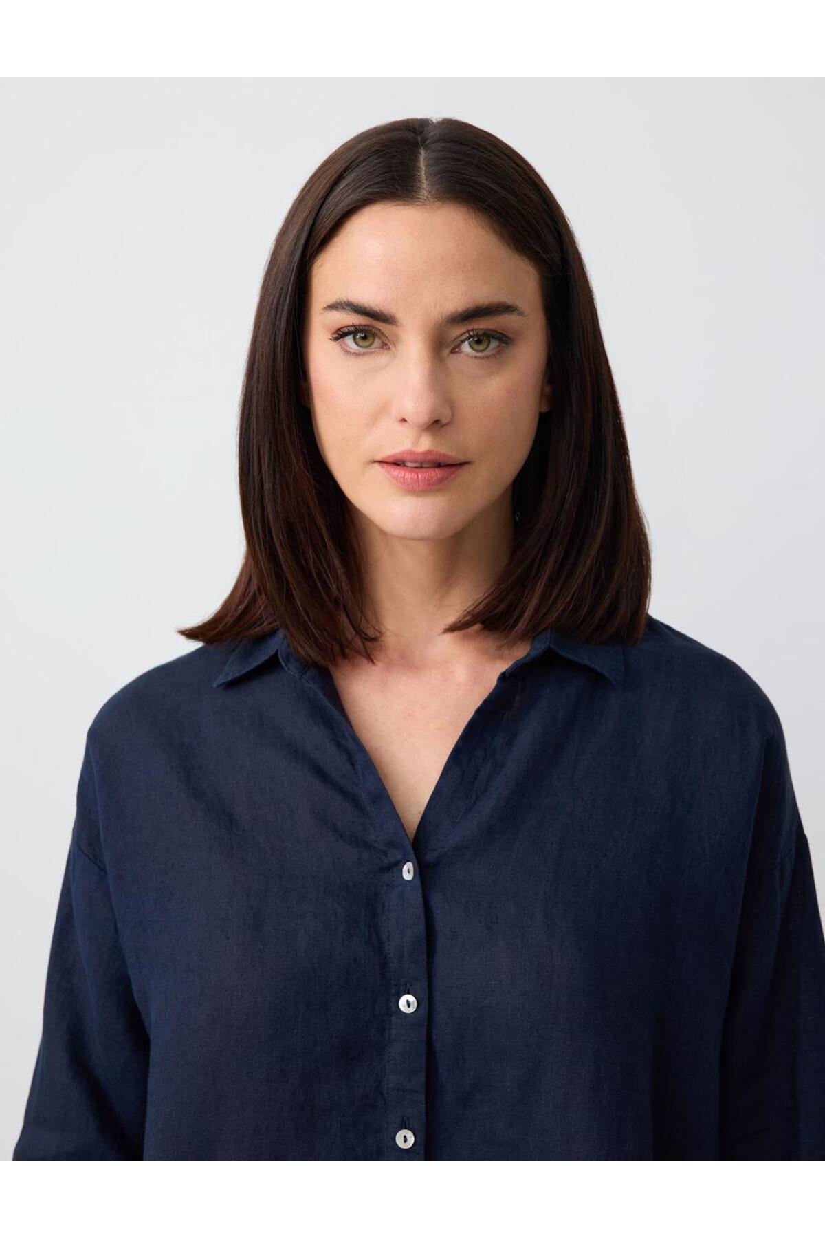 Jimmy Key  Lacivert %100 Keten Uzun Kollu Basic Gömlek - Görsel 5