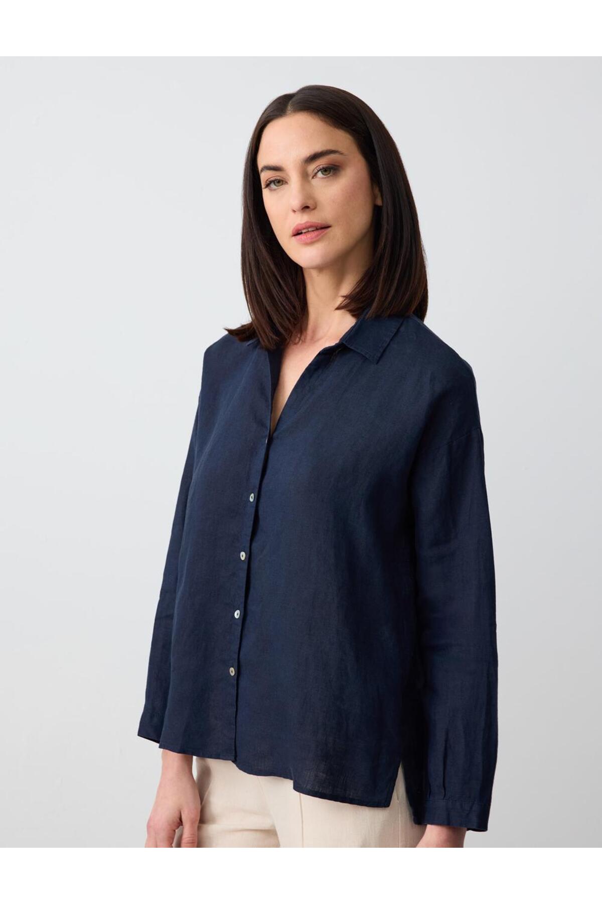 Jimmy Key  Lacivert %100 Keten Uzun Kollu Basic Gömlek - Görsel 3