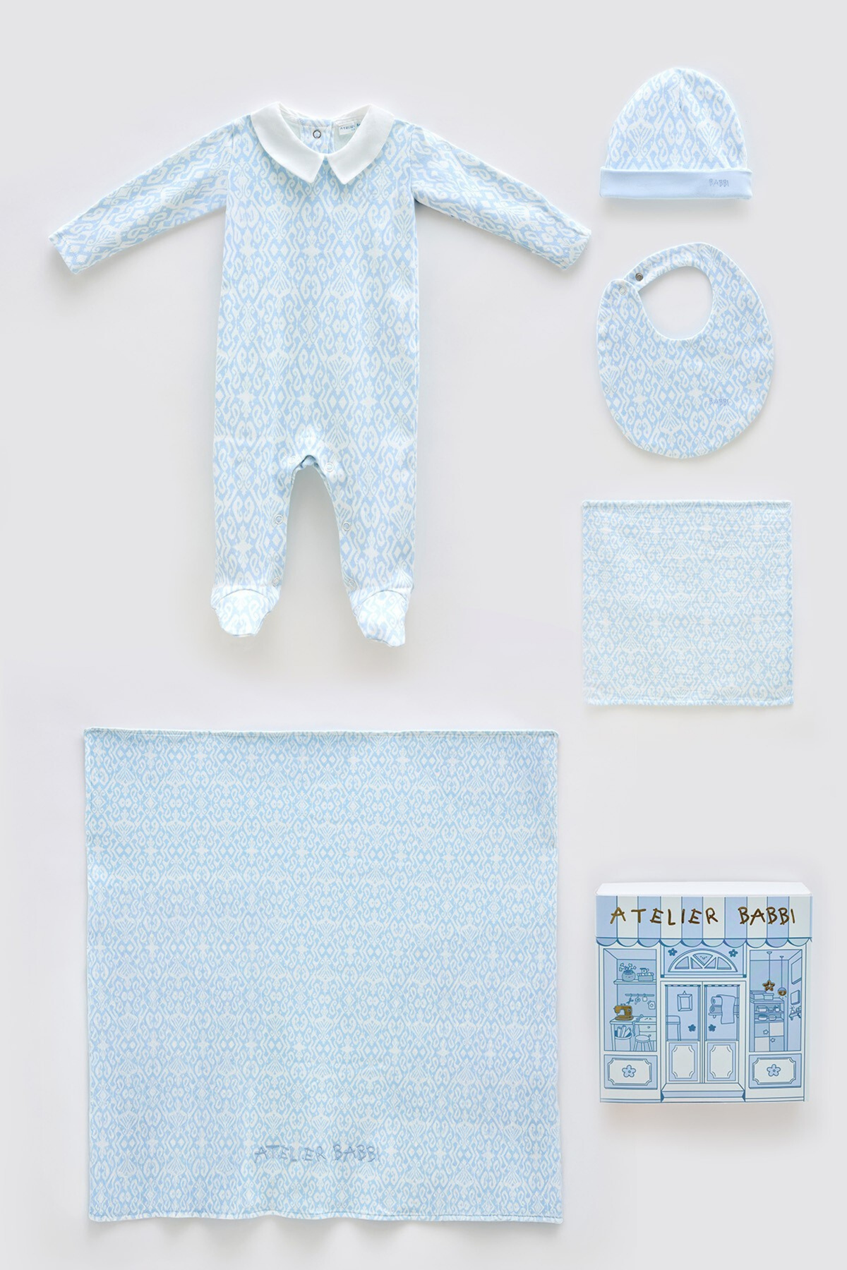 Atelier Babbi 100% Cotton 5-Piece Newborn Set - Ikat / Blue