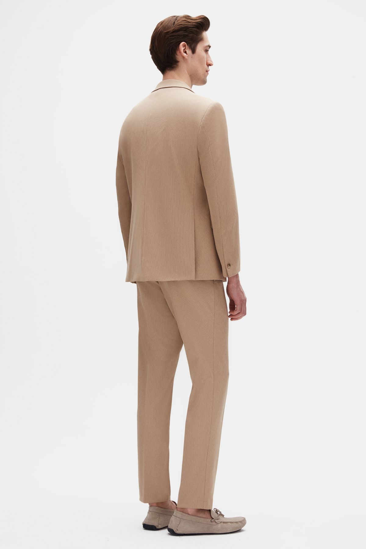 Twn-Costum slim fit bej tricotat cu nervuri 3