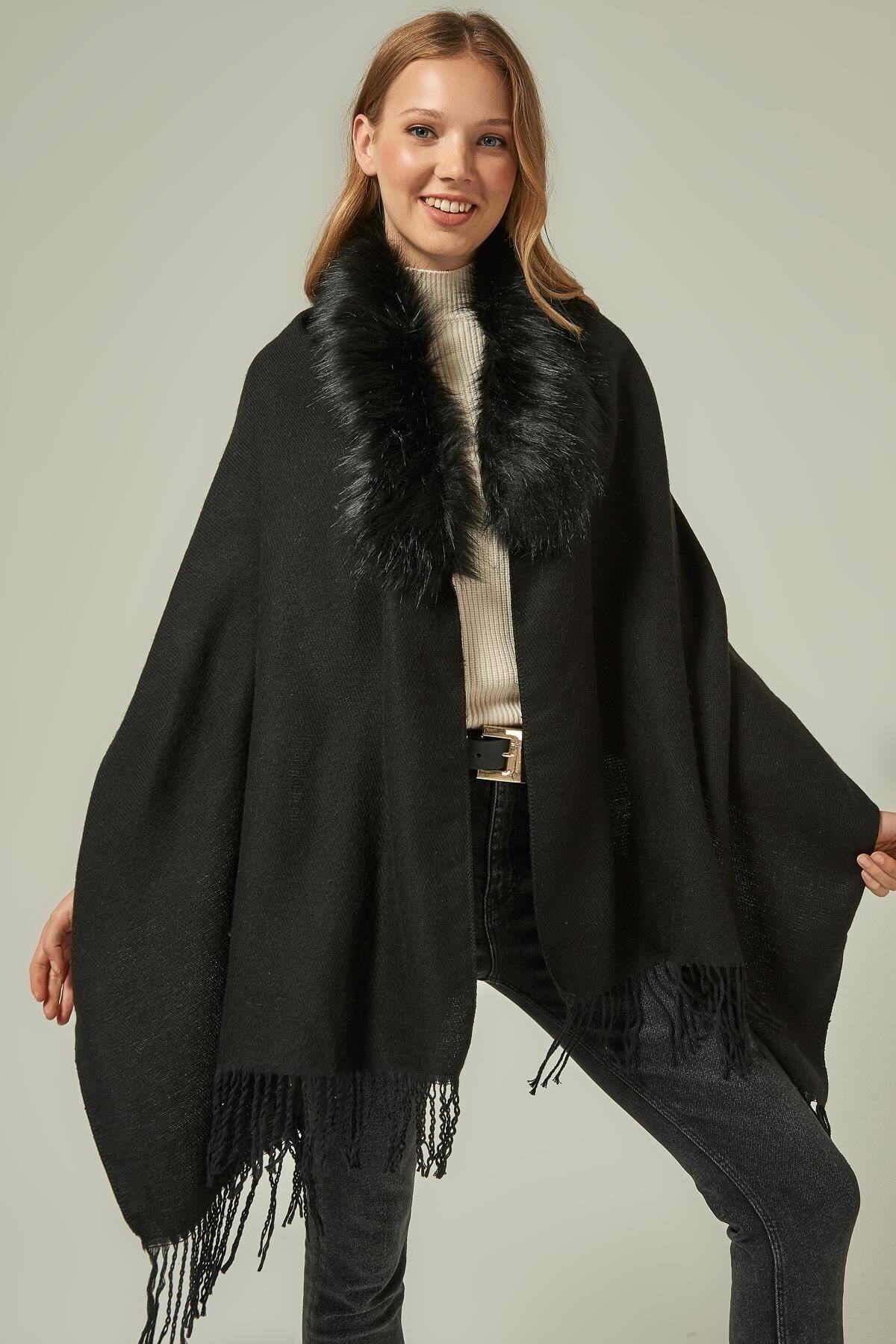 11420 Black Furry Tasseled Poncho YL