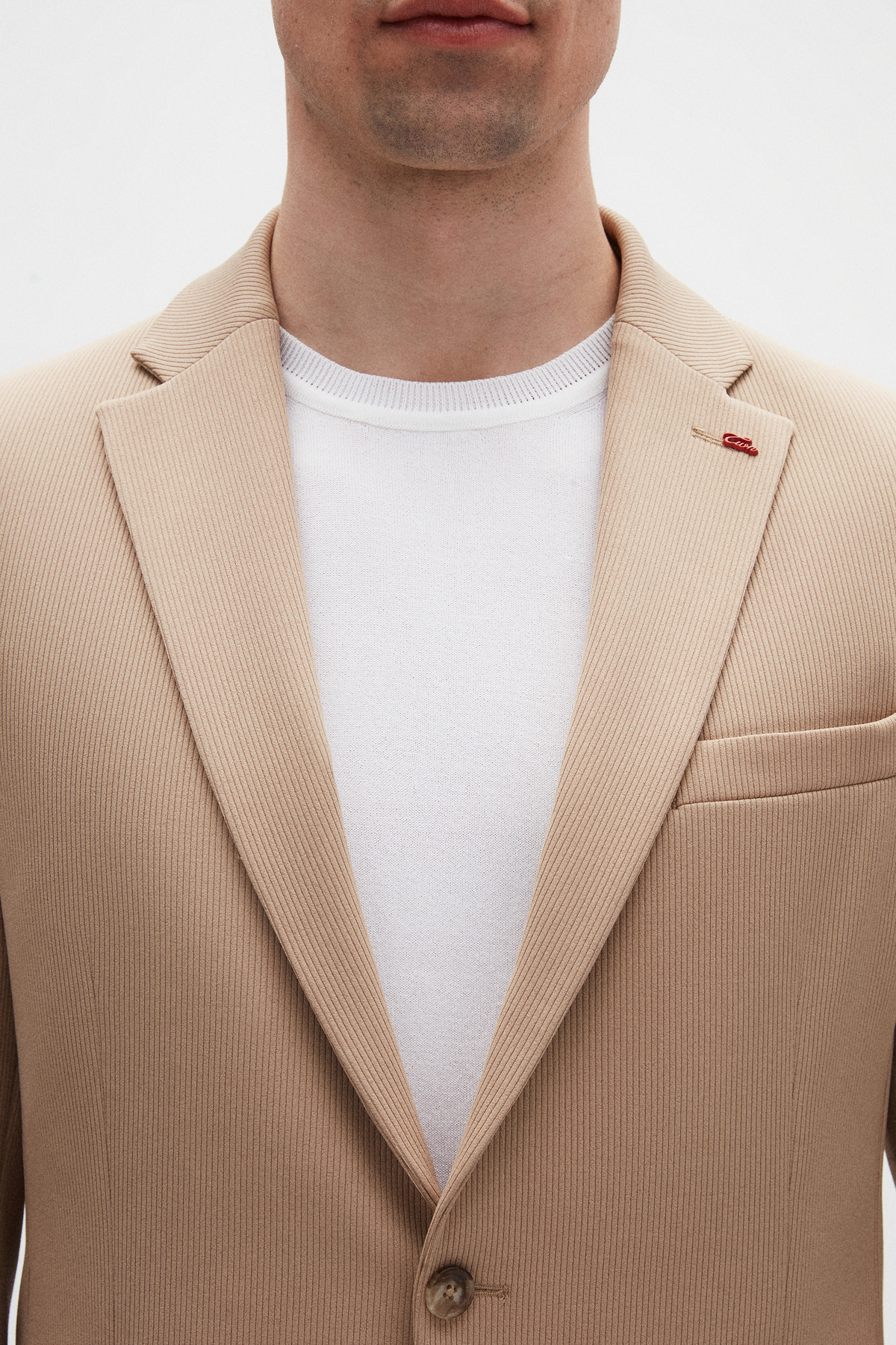 Twn-Costum slim fit bej tricotat cu nervuri 7