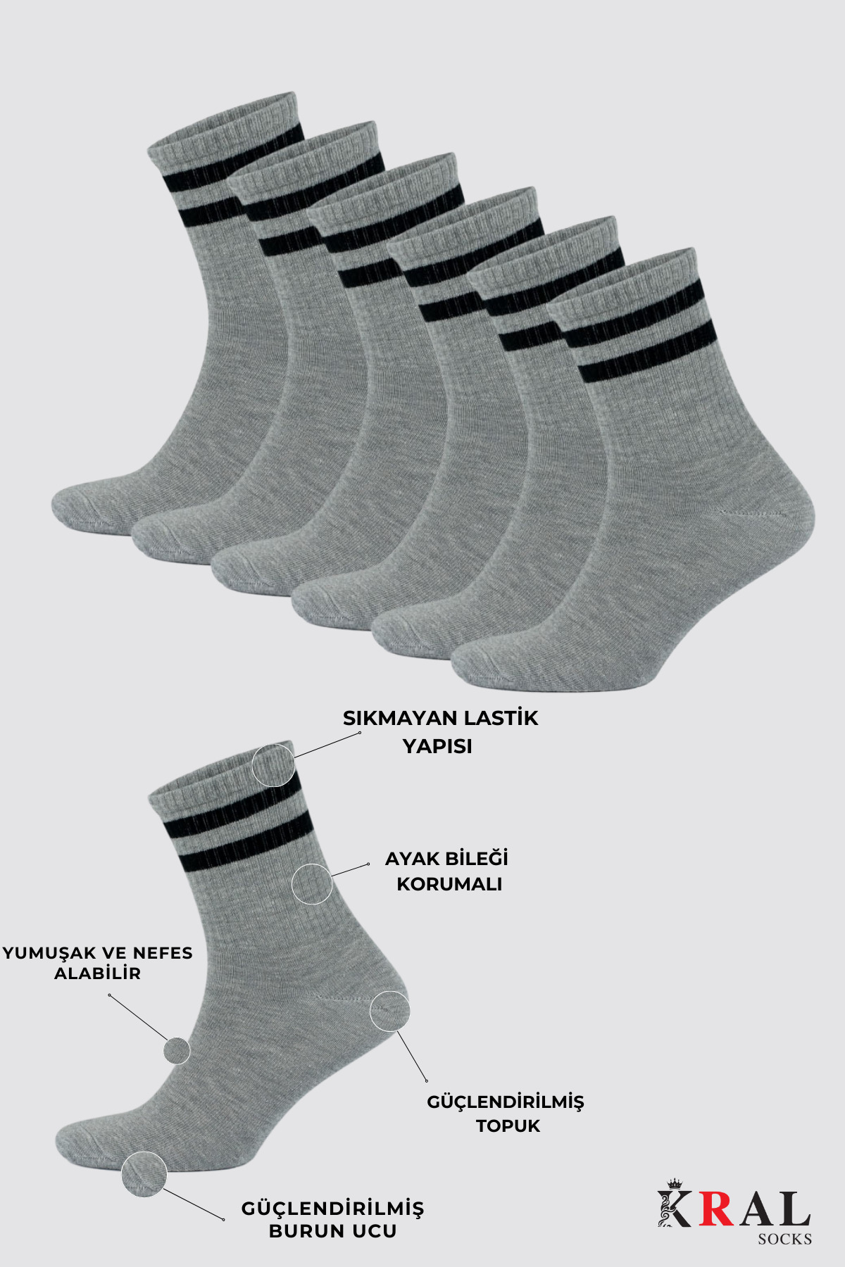 Lüx Kral 6 Çift Unisex Çizgili Pamuklu Kolej Tenis Çorap görsel 6