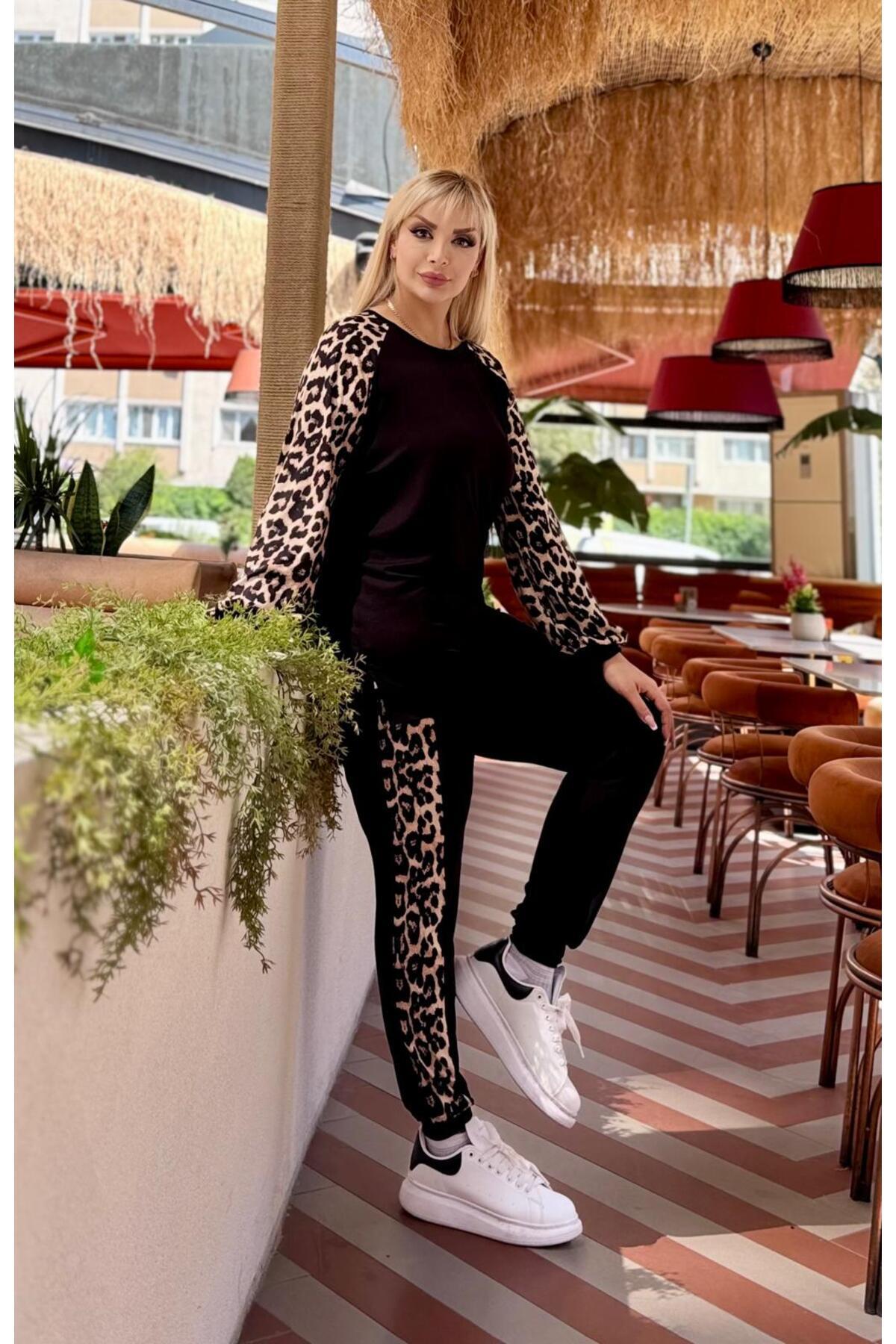 Butik Nilyam Kadın Büyük Beden Kol Garni Detaylı Bisiklet Yaka Beli Lastikli Esnek Eşofman Takımı 24160