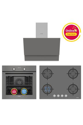 Simfer Ankastre Set Gri Dijital Power Turbo Fanlı Cam Ocaklı 3'lü Set (Fırın ...