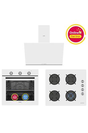 Simfer Ankastre Set Beyaz Mekanik Cam Ocaklı 3'lü Set (Fırın + Ocak + Davlumbaz)