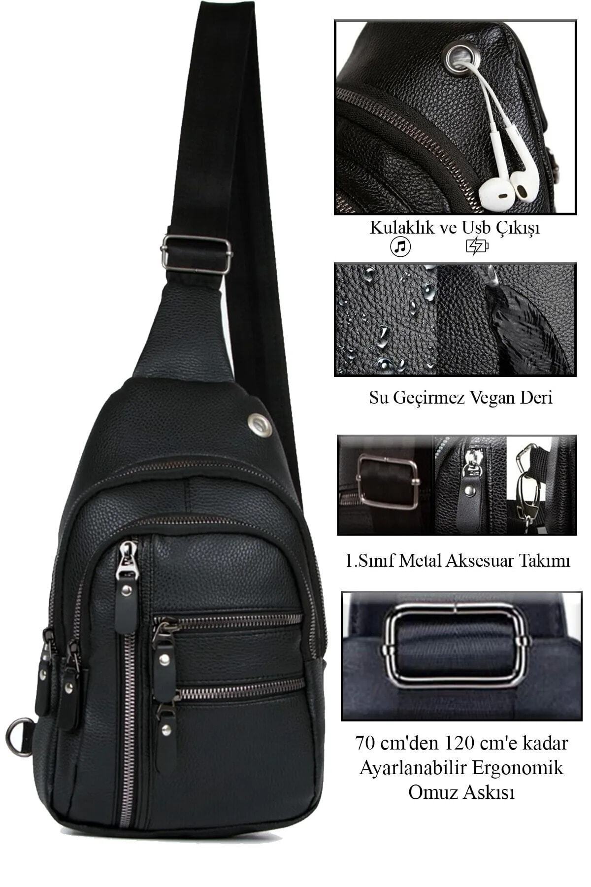 AVCA  Unisex Siyah Su Geçirmez Vegan Deri Kulaklık Çıkışlı Çapraz Askılı Bel Omuz Göğüs Çanta - Görsel 4