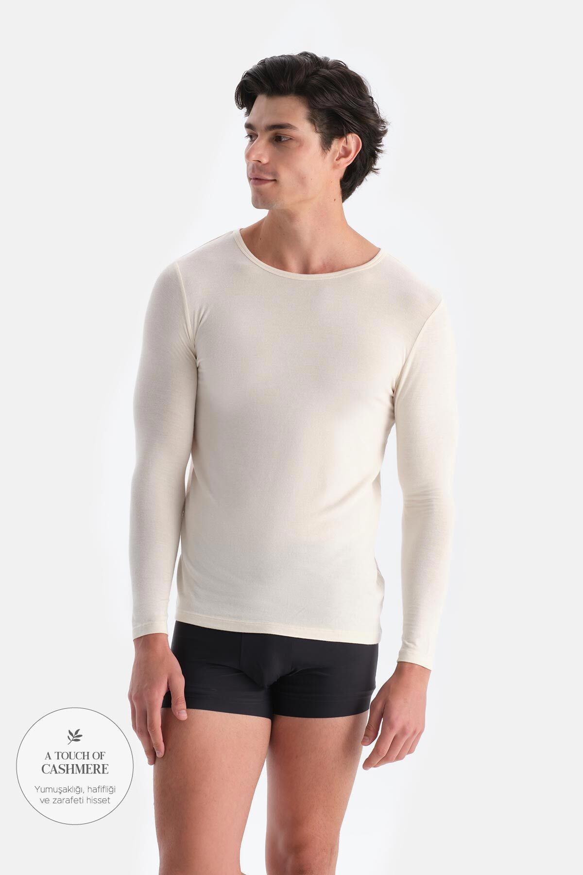 Dagi-Ecru D1051 Modal Cashmere Crew Neck Long Sleeve Top 1