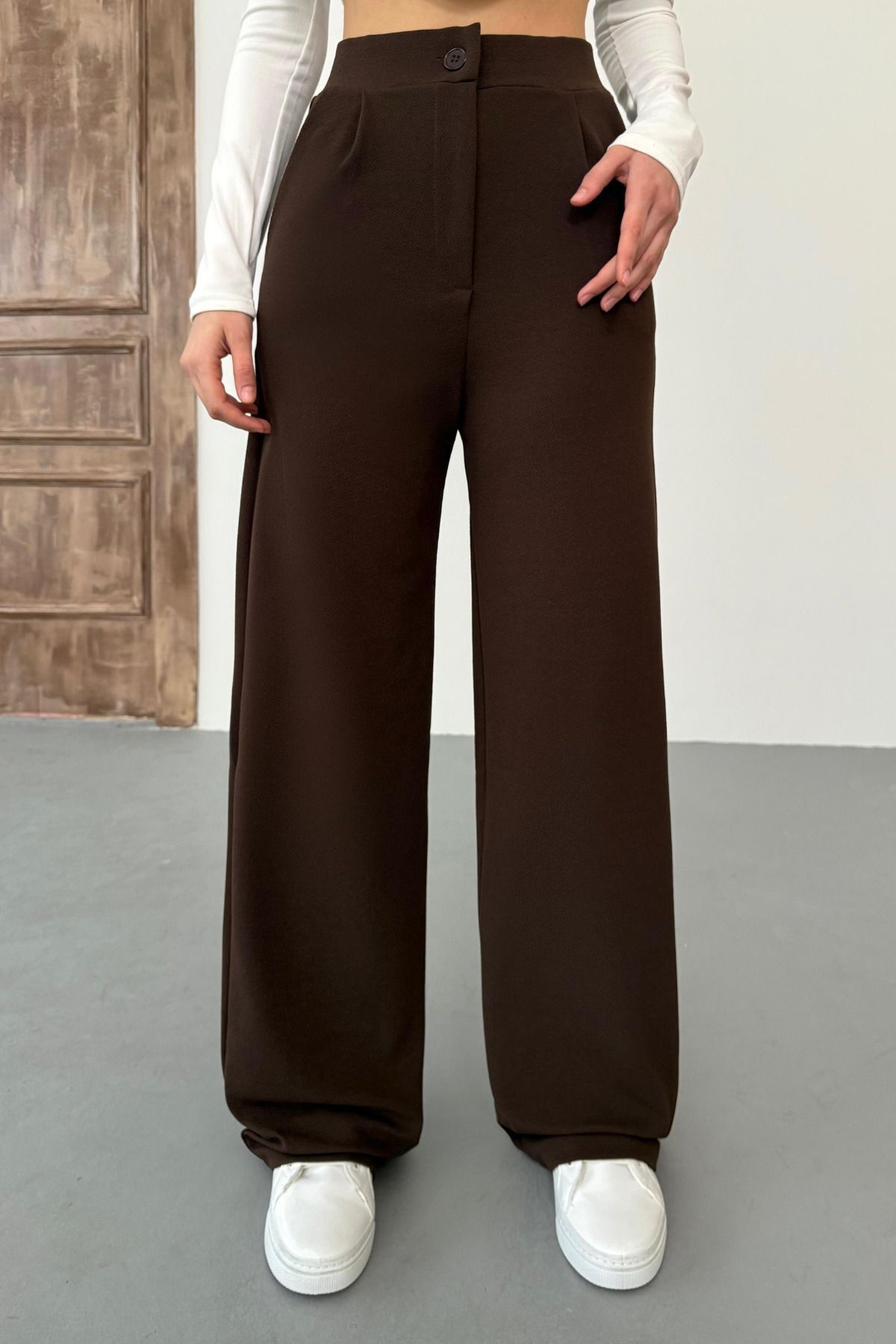 BİKELİFE Women's Brown Lycra Palazzo Loose Wide Leg Trousers