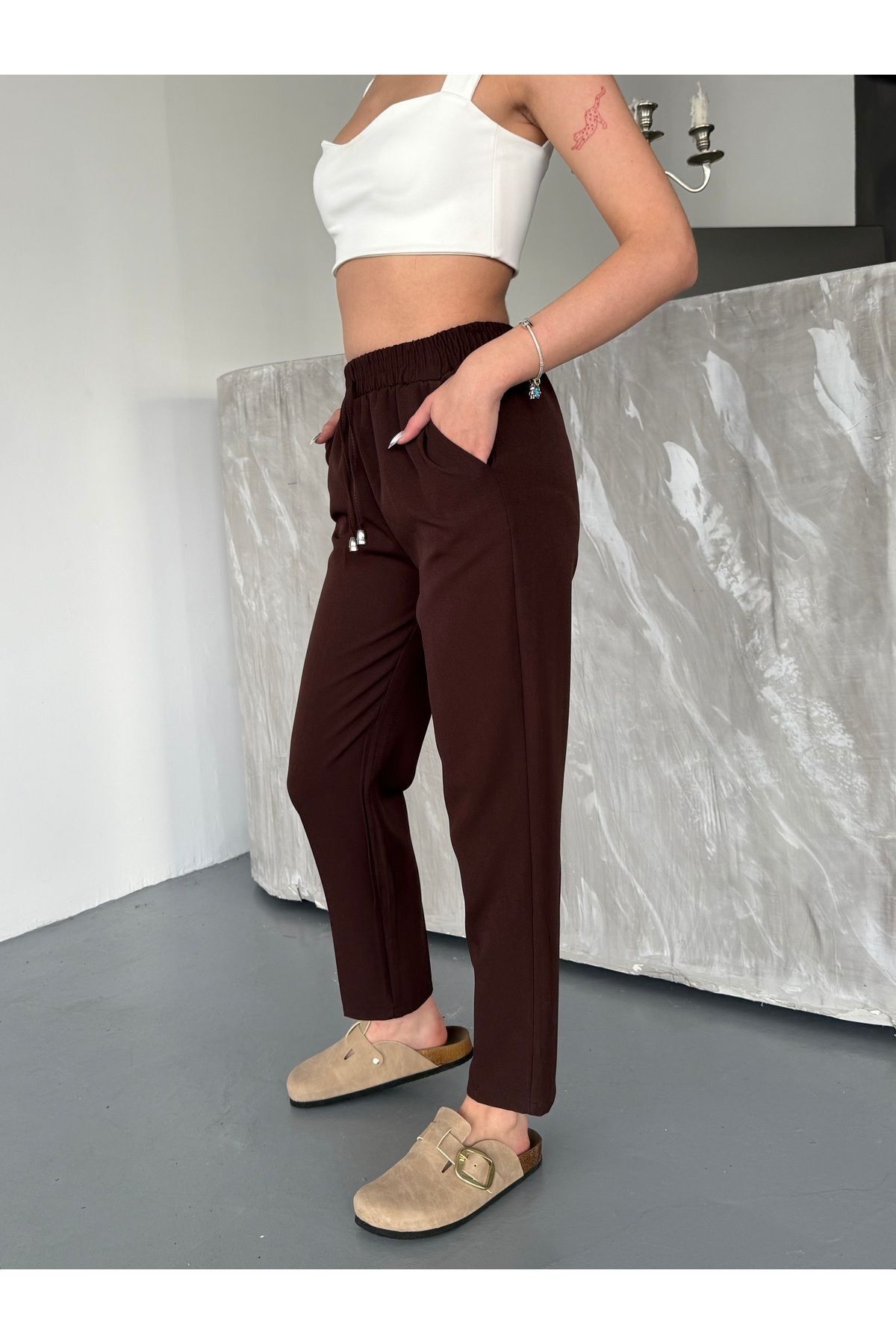 COMBİNE MİCHAİL-Women's Lycra Drawstring Elastic Waist Coffee Palazzo Pants 7