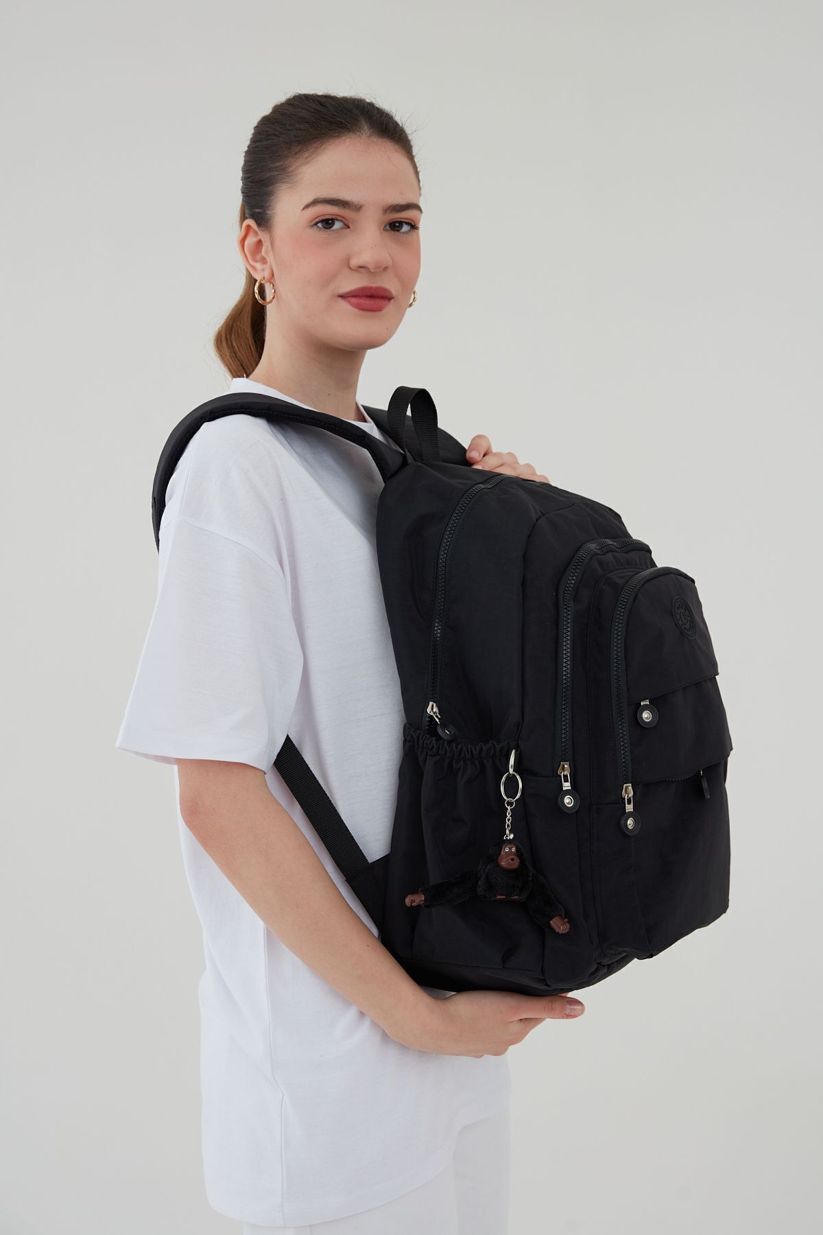 Rosso Collina Unisex Krinkıl Kumaş Su itici Büyük Boy Çok Gözlü Siyah Seyahat Sırt Çantas Lise Ortaokul universite görsel 2