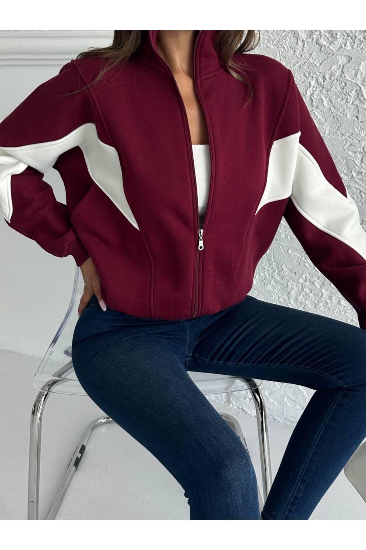 Zeynep Öykü Style  Kadın 3 iplik Penye Kumaş Şardonlu Garnili Renk Bloklu Oversize Hırka Eşofman Üstü Sweatshirt