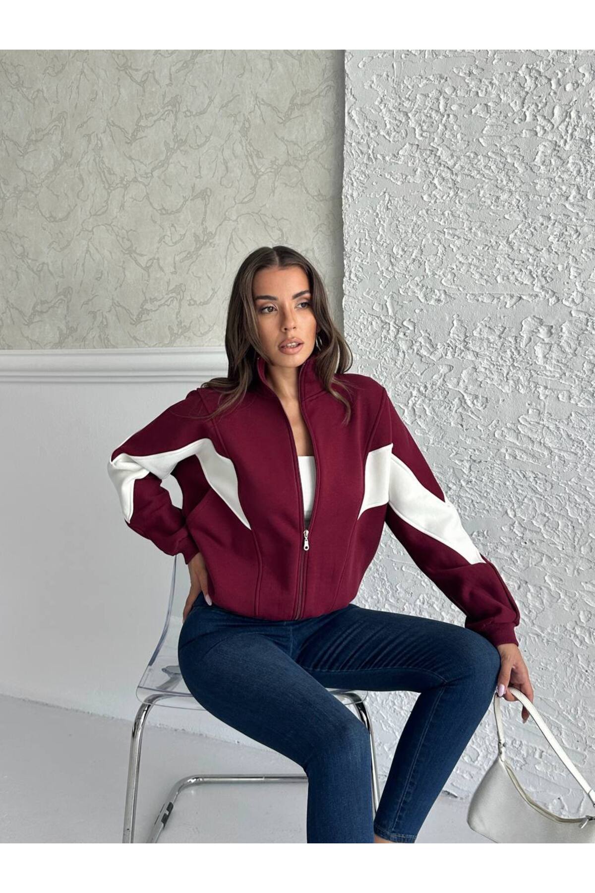 Zeynep Öykü Style  Kadın 3 iplik Penye Kumaş Şardonlu Garnili Renk Bloklu Oversize Hırka Eşofman Üstü Sweatshirt - Görsel 3