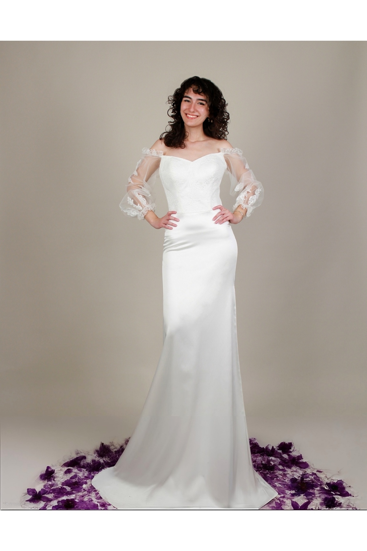 M Neck Long Tulle Sleeves Lace Satin Mermaid Model Wedding Dress