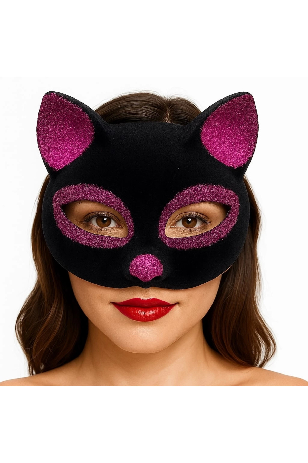 Glowify Store BUĞZ Siyah Renk Fuşya Simli Süet Kaplama Kedi Maskesi 18x14 cm