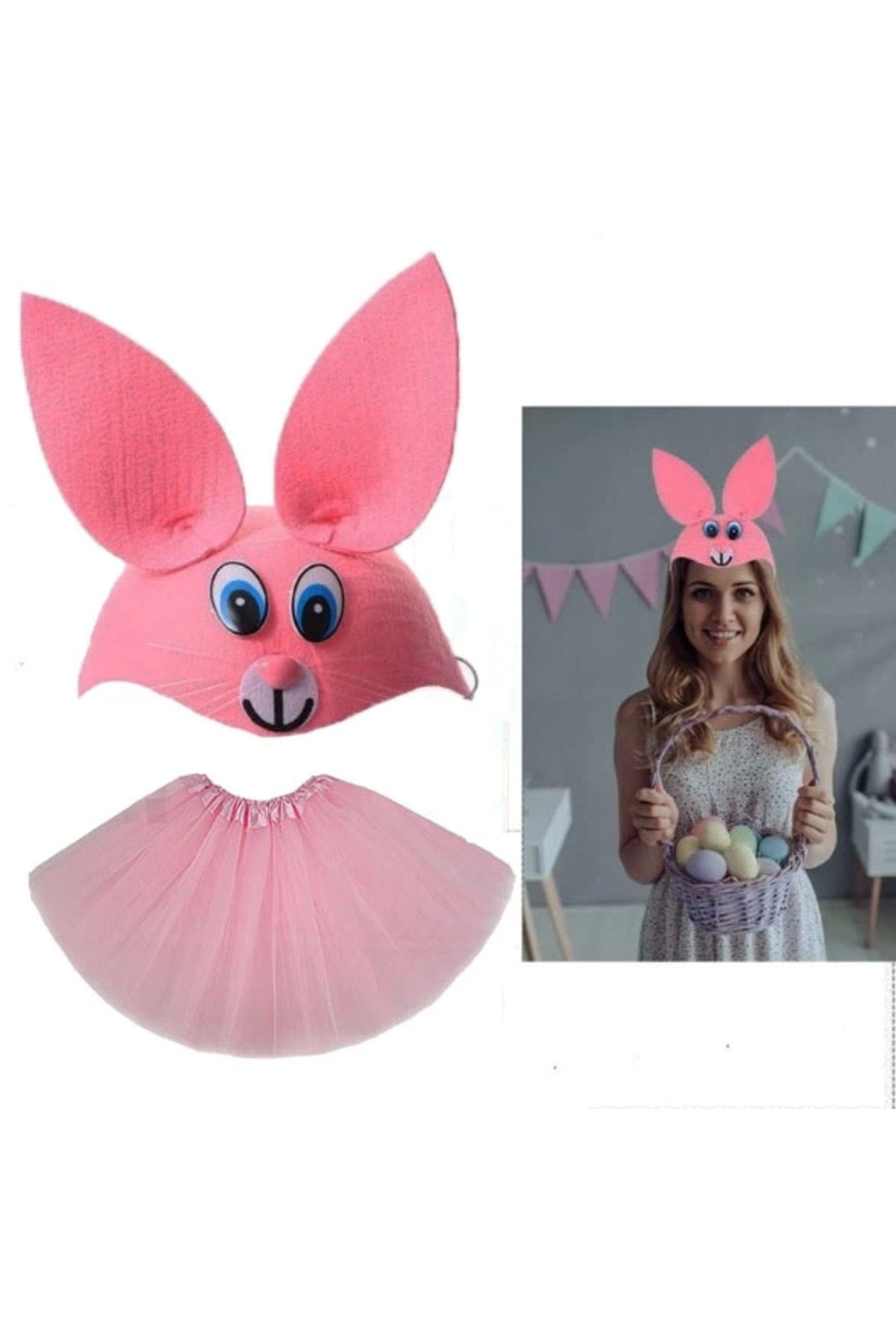 Ronanna Tavşan Kostümü Pembe - 23 Nisan Tavşan Şapka ve Tütü Etek Seti 2 Parça